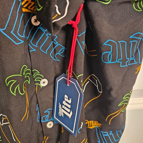 Miller Lite Neon Signs Hawaiian Beach Button Down Shirt Palm Trees Medium NWT - Picture 4 of 6